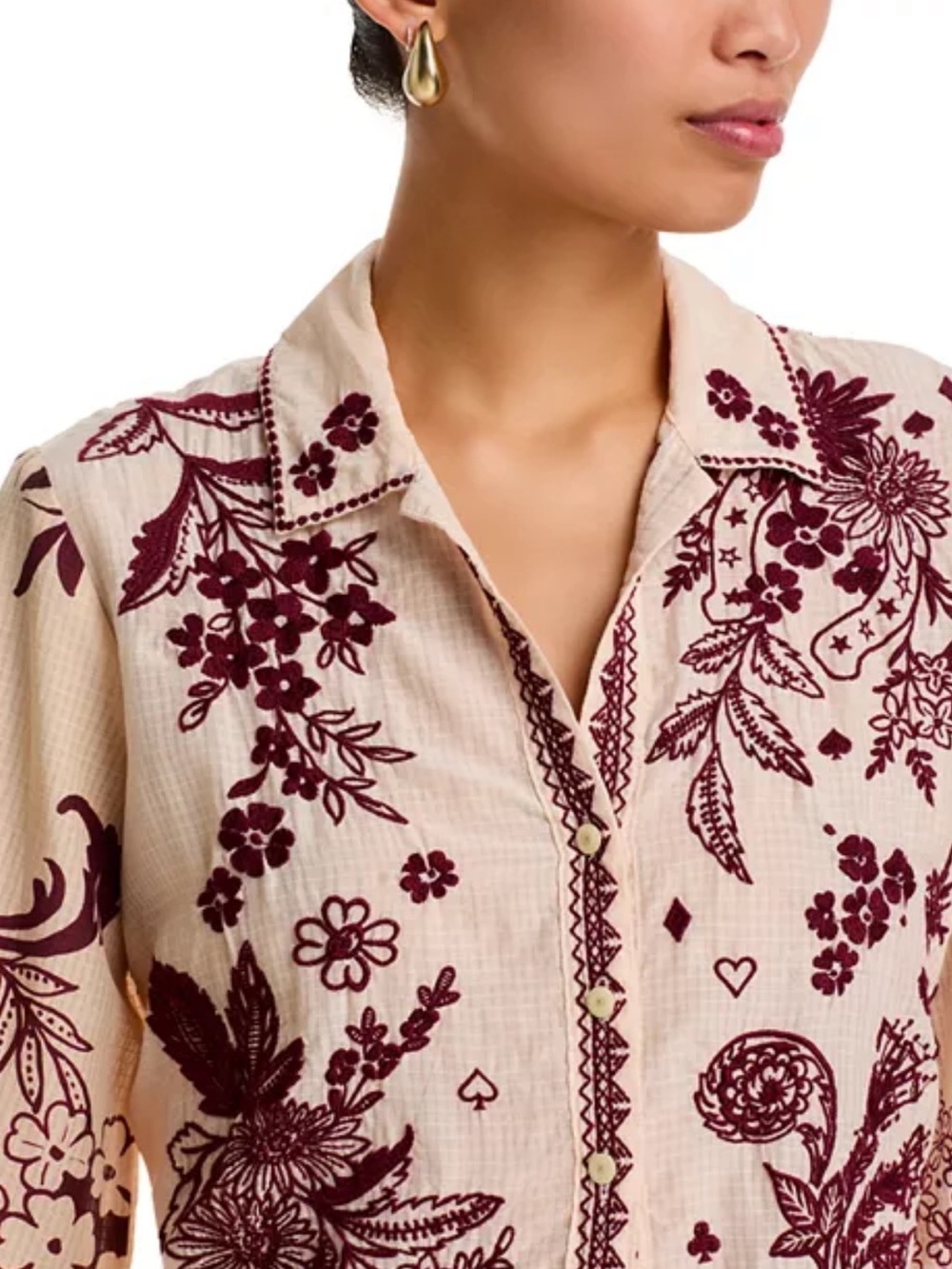 Johnny Was Embroidered Floral Blouse Top Cream Burgundy Maroon Boho L NWT